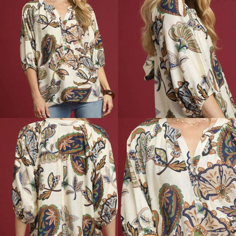 Boho Paisley Puff Sleeve Top