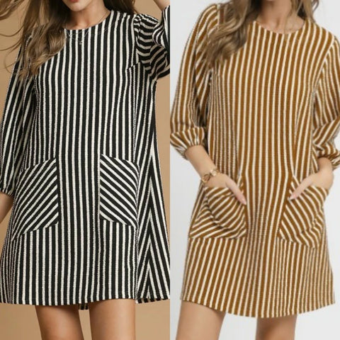 Striped Textured Mini Dress With Front Pockets
