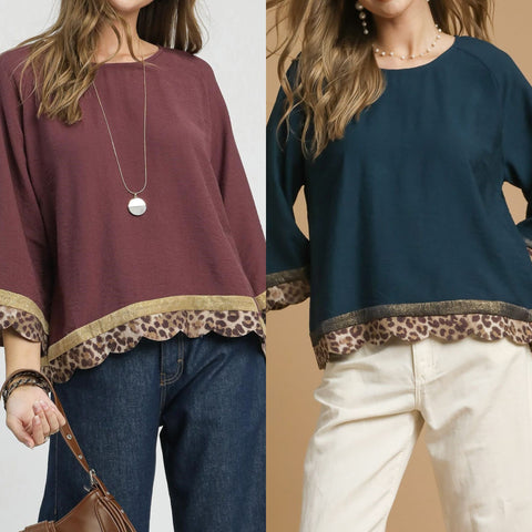 Boho Top With Leopard Trim & Wide Sleeves