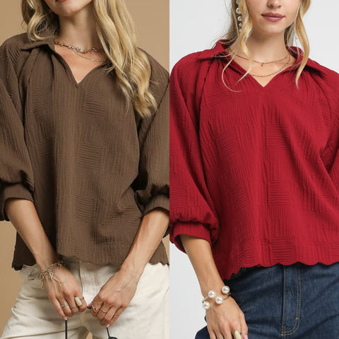 Textured V-Neck Collared Top