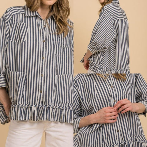 Striped Denim 3/4 Sleeve Button Down Top