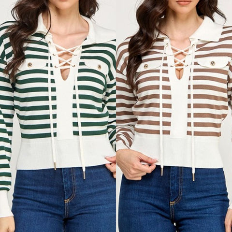 Striped Lace Up Long Sleeve Sweater Top