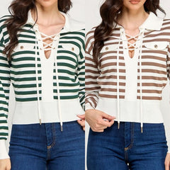 Striped Lace Up Long Sleeve Sweater Top