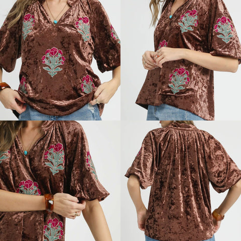 Velvet Embroidered Floral Top