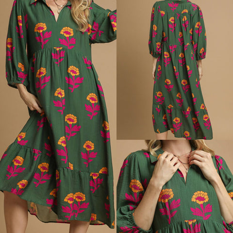 Floral Print Maxi Dress with Bubble Sleeves