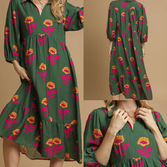 Floral Print Maxi Dress with Bubble Sleeves