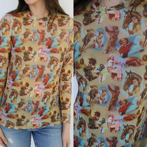 Vintage Cowgirl Print Fitted Mesh Top