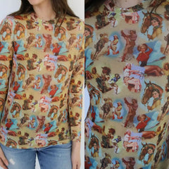 Vintage Cowgirl Print Fitted Mesh Top