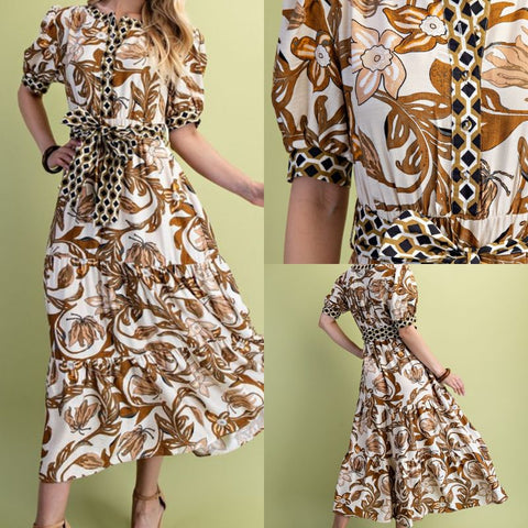 Floral Print Tiered Half Button Dress