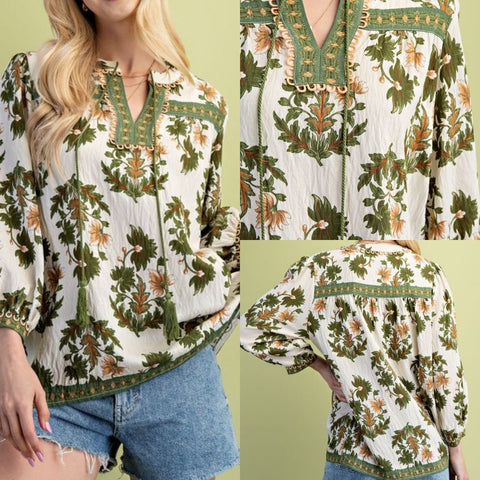 Floral Fall Print 3/4 Length Top
