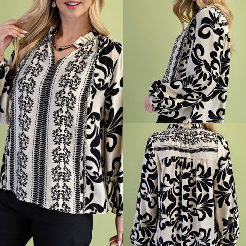 Printed Long Sleeve Top With A Ruffled Neck
