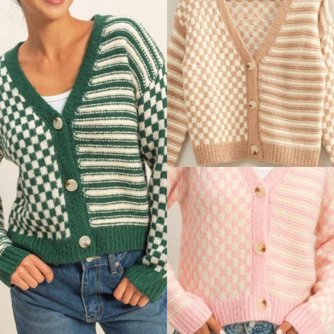 Checker/Stripe Contrast Knit Sweater