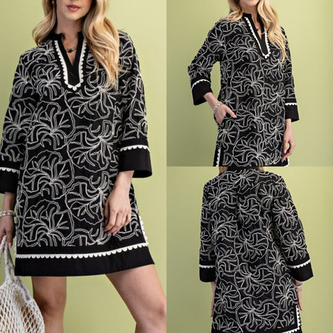 Embroidered Notch Neck Dress