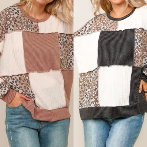 Rib Cable Knit Leopard Pullover Knit Top