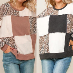 Rib Cable Knit Leopard Pullover Knit Top