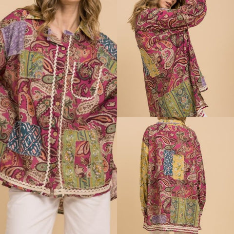 Paisley Floral Print Mix Patchwork Button Up Top