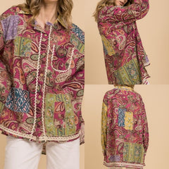 Paisley Floral Print Mix Patchwork Button Up Top