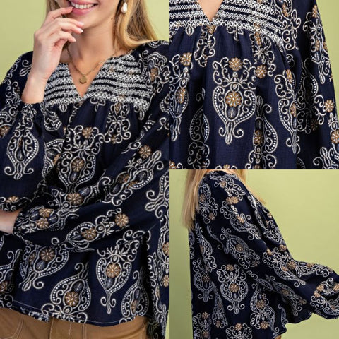 Printed Balloon Sleeve V-Neck Top