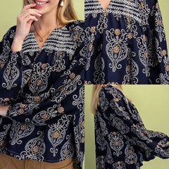 Printed Balloon Sleeve V-Neck Top