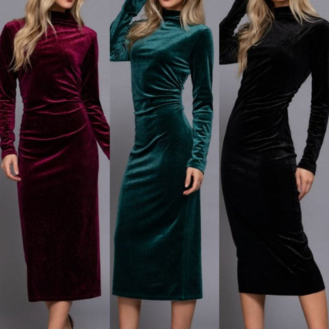 High Neck Shirring Glitter Velvet Long Dress