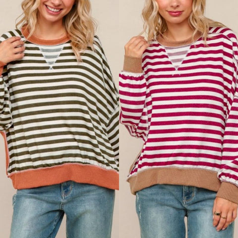 Crew Neck Stripe Pullover Knit Top