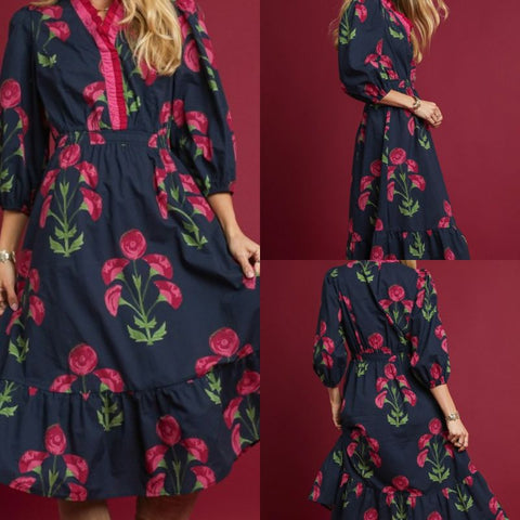 Floral Midi Dress With Ruffle Trim/Elastic Waist