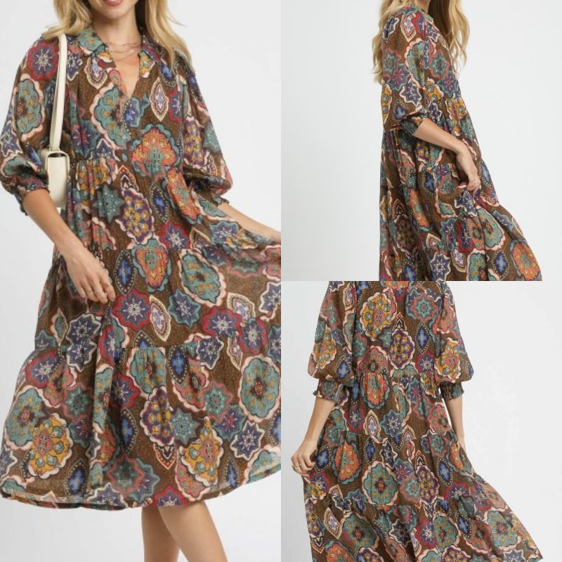 Boho Print Tiered Midi Dress