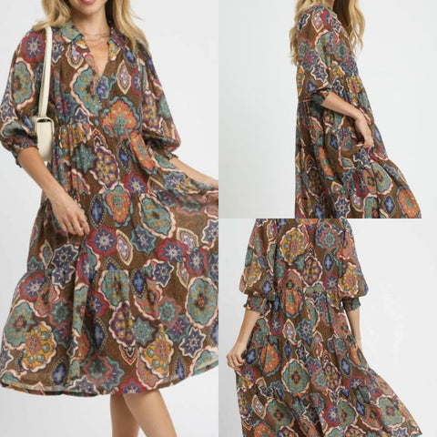 Boho Print Tiered Midi Dress