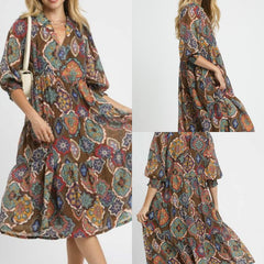 Boho Print Tiered Midi Dress