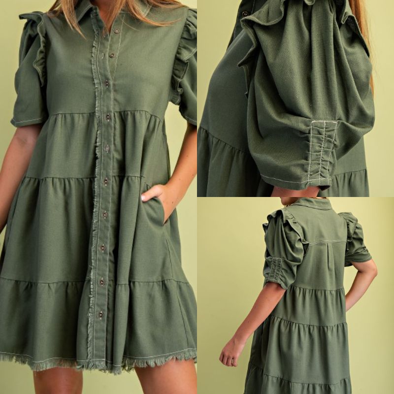 Linen Button Up Dress With Ruffled Sleeve