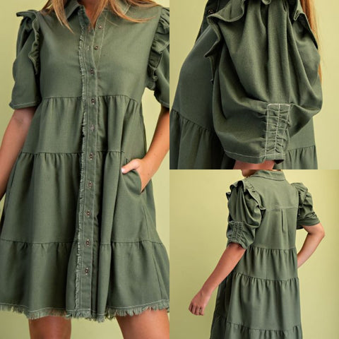 Linen Button Up Dress With Ruffled Sleeve