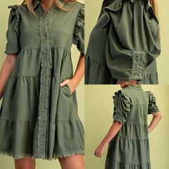 Linen Button Up Dress With Ruffled Sleeve