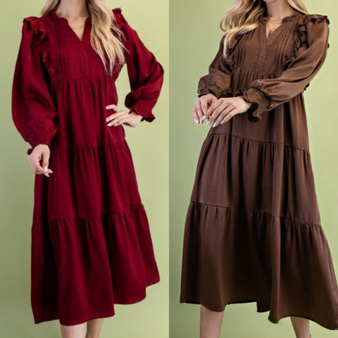 Tiered Long Sleeve Midi Dress With Pleated Front/Scalloped Ruffle