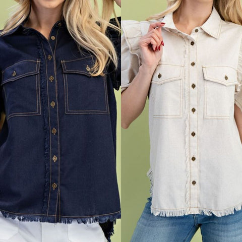 Linen Button Up Top With Ruffled Sleeves