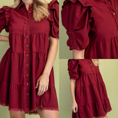 Linen Button Up Dress With Ruffled Sleeve