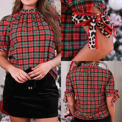 Plaid Top With Cheetah Print Tie on Side