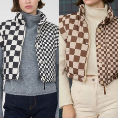 Checkered Cropped Zip-Up Puffer Vest