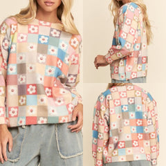 Checkered/Rhinestone Flower Power Sweater