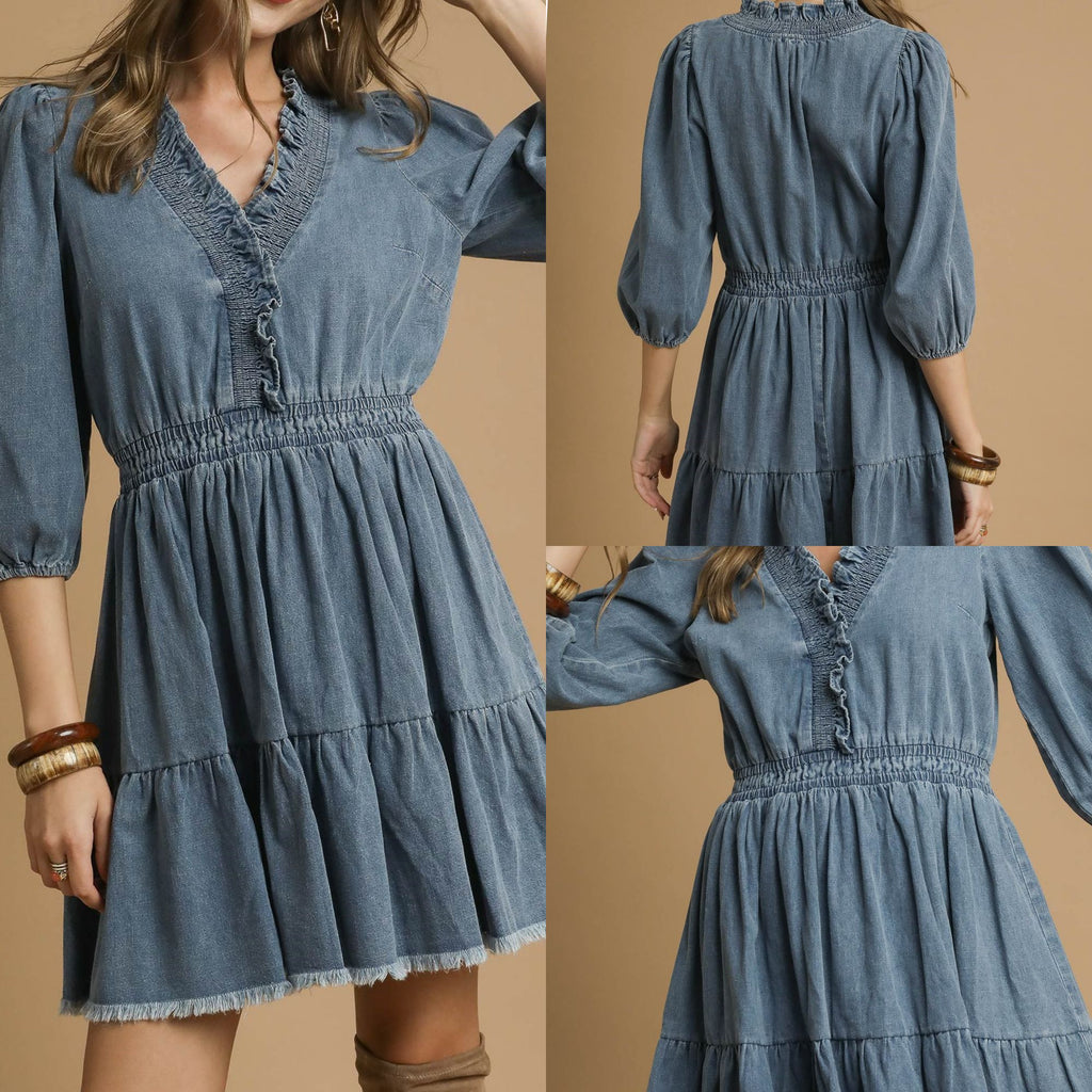 Denim Ruffle Trim Tiered Mini Dress
