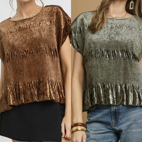 Velvet Ruffle Hem Smocked Top