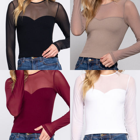 Long Sleeve Round Neck Seamless Mesh Top