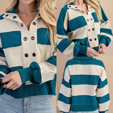 Striped Texture Mixed Rugby Style Sweater