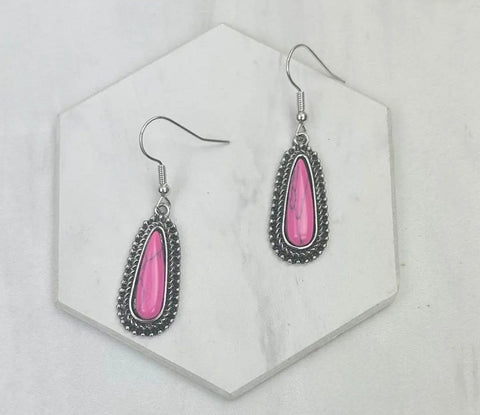 Silver Metal With Hot Pink Stone Teardrop Earrings