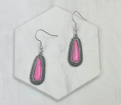 Silver Metal With Hot Pink Stone Teardrop Earrings