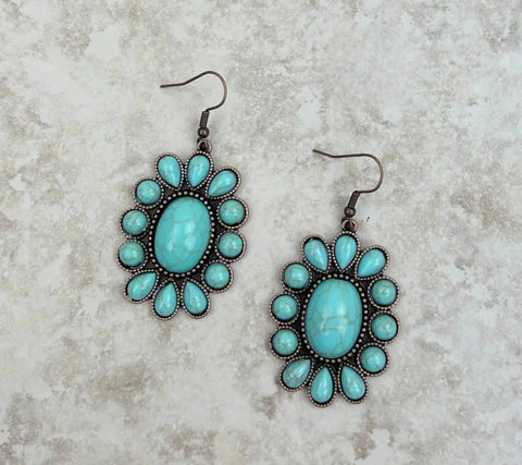 Copper Blue Turquoise Oval Concho Dangle Earrings