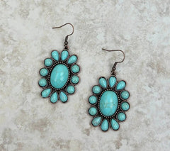 Copper Blue Turquoise Oval Concho Dangle Earrings
