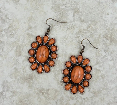 Copper With Orange Stone Concho Dangle Earrings
