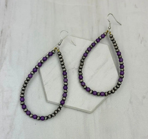 Silver Navajo Pearl With Purple Stone Beads Teardrop Earrings