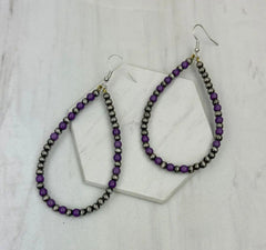 Silver Navajo Pearl With Purple Stone Beads Teardrop Earrings