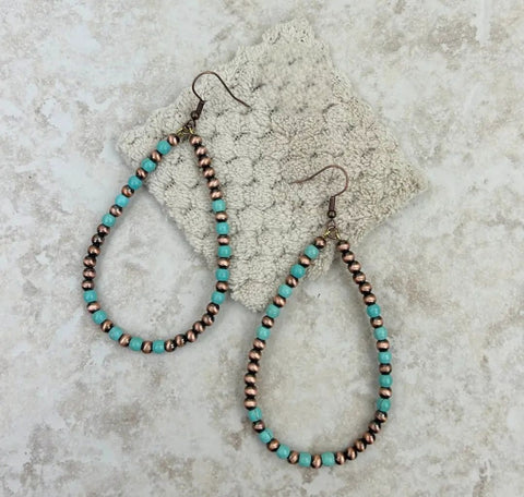 Copper Navajo Pearl With Blue Turquoise Beads Teardrop Hoop Earrings